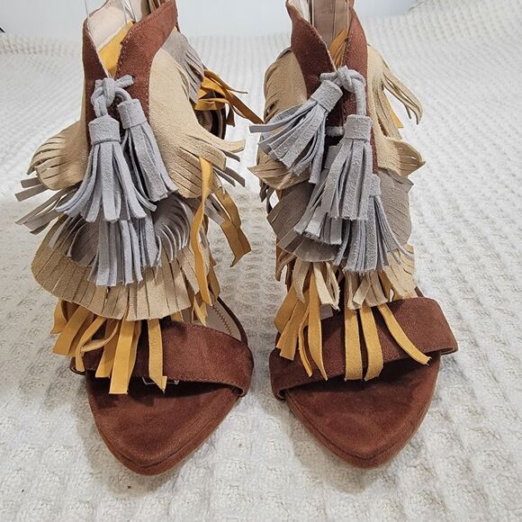 Zara Fringe Tassel‎ Brown Multicolor Suede Stiletto Heel Sandals Size EU 38 7.5 - Picture 3 of 16